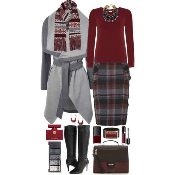 Plaid pencil skirt and “Christmas” scarf