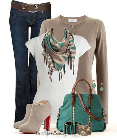 Taupe button down cardigan with striped fringe scarf