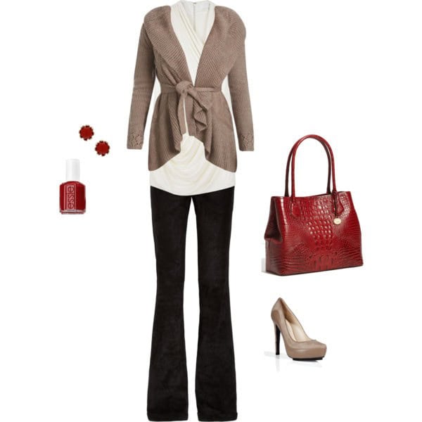 White and taupe with red accessories