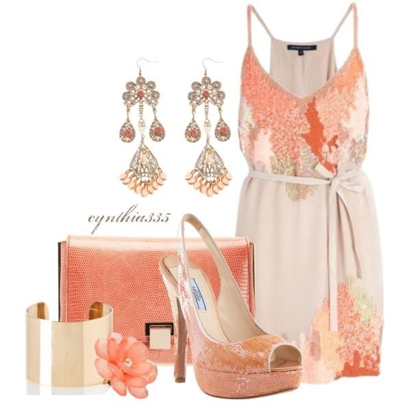 Peach, white and taupe sleeveless dress and matching accessories