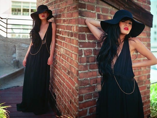 Floppy hat with black maxi dress