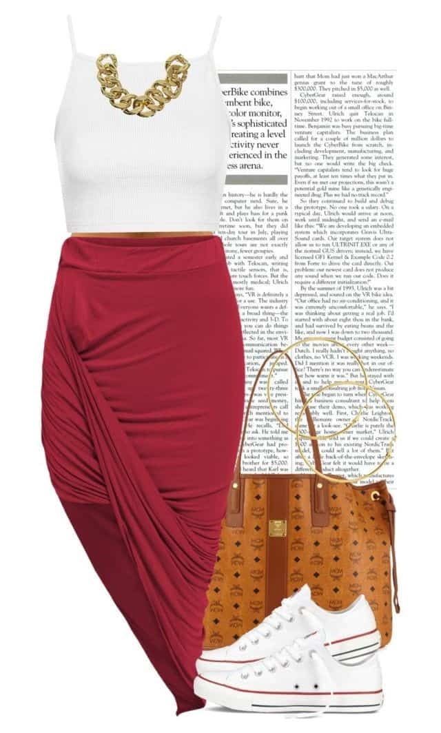 White tank, red asymmetrical skirt and white sneaks