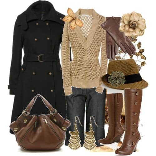 Dark flared jeans and lots of brown accessories