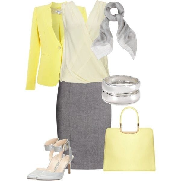 Lemon yellow blazer, grey pencil skirt and light yellow sleeveless top