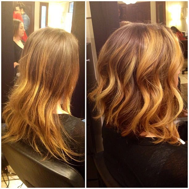 Wavy lob with buttery highlight streaks for thick hair