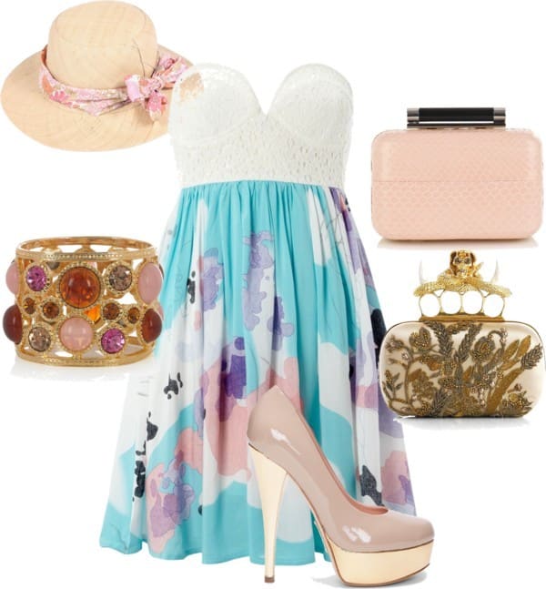 Strapless dress with a sweetheart neckline, floral skirt and a straw hat