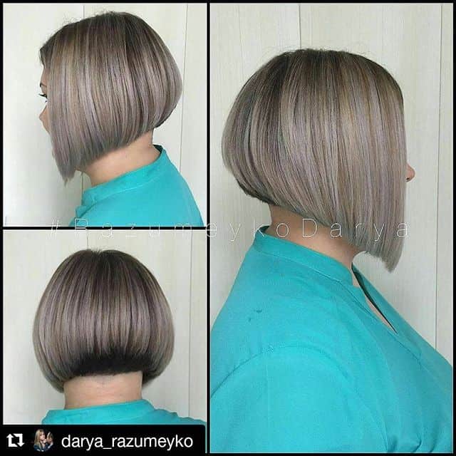 Silver and light brown streaked A-line short bob for thick hair