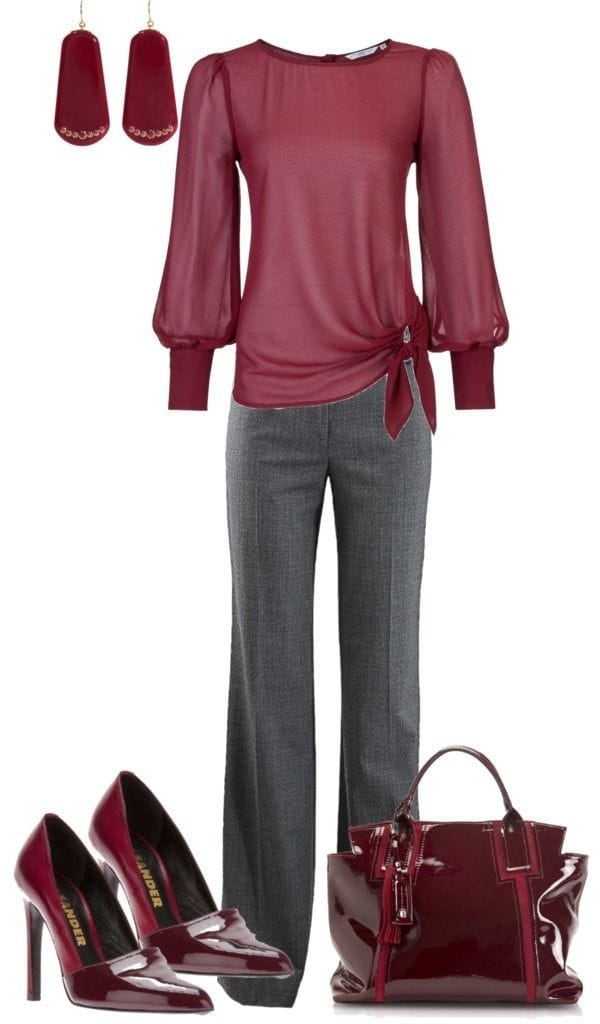 Maroon blouse and accessories with stormy weather straight leg pants