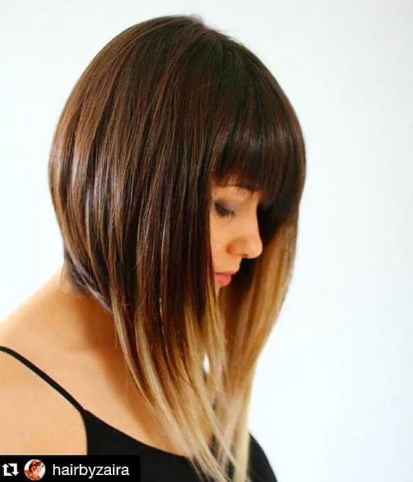 A-line lob with blonde tips and blunt bangs