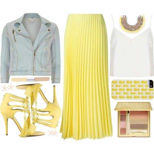 Neon yellow maxi skirt, white camisole and light denim jacket