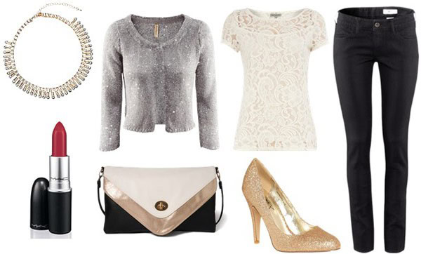 Lace top, sequin cardigan and skinny jeans