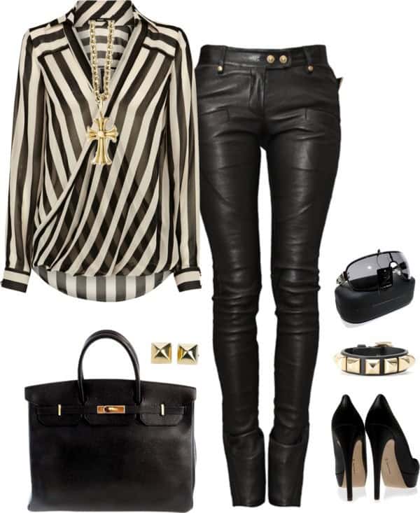 Sheer striped blouse and leather pants for Winter