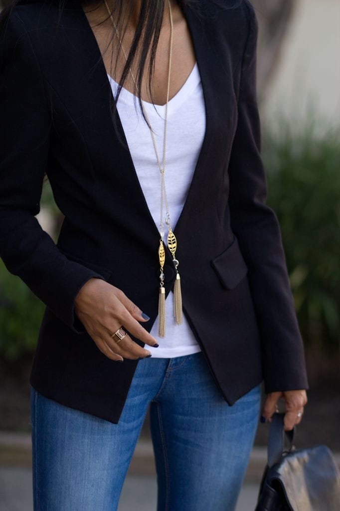 White V-neck tee and black blazer