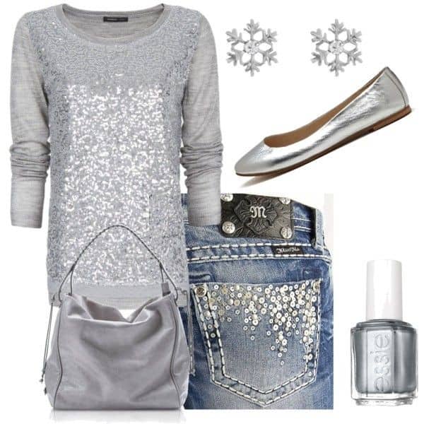 Grey sequin top, sequin-embellished jeans and silver flats