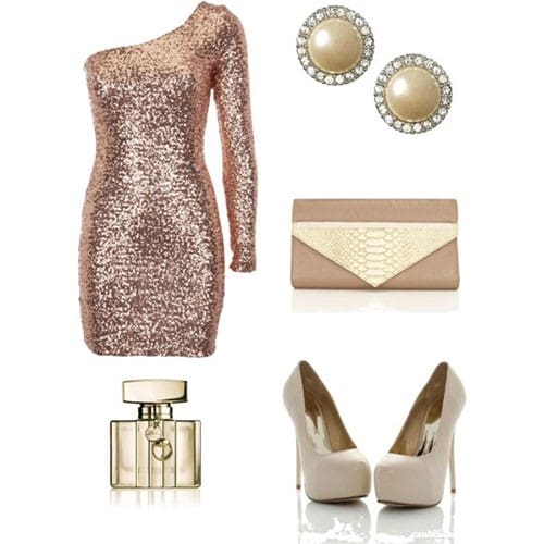 Rose gold sequin one-shoulder dress with pearls and clutch