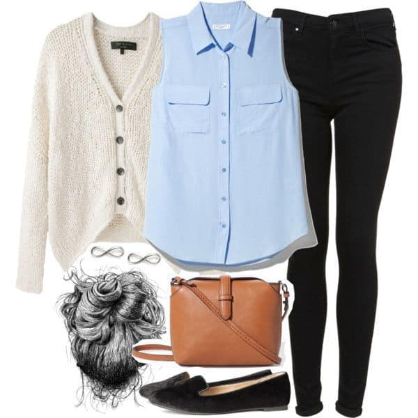 Baby blue sleeveless shirt, white cardigan and black leggings