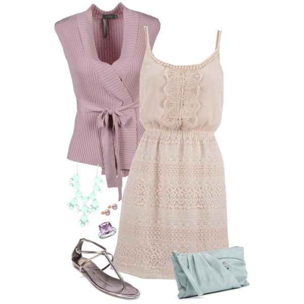 Taupe lace dress with spaghetti straps, lavender jacket and blue purse