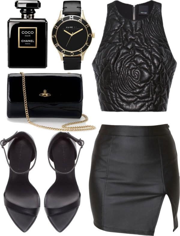 All black. Leather halter midi top with leather mini skirt with slit