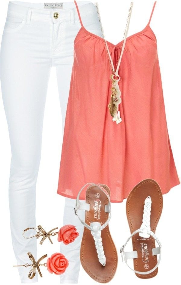 Coral Top with White Jeans for Summer