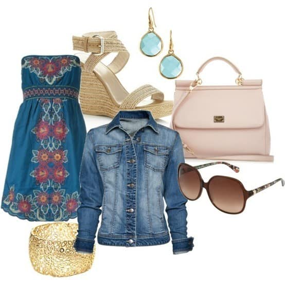 Strapless peasant dress and jean jacket