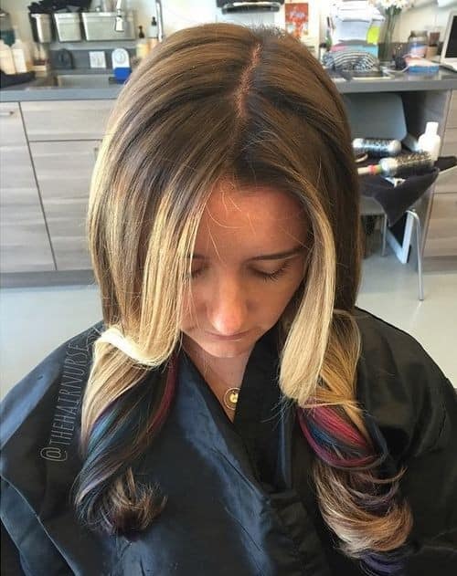 Brown Hair with Blonde, Blue and Pink Highlights