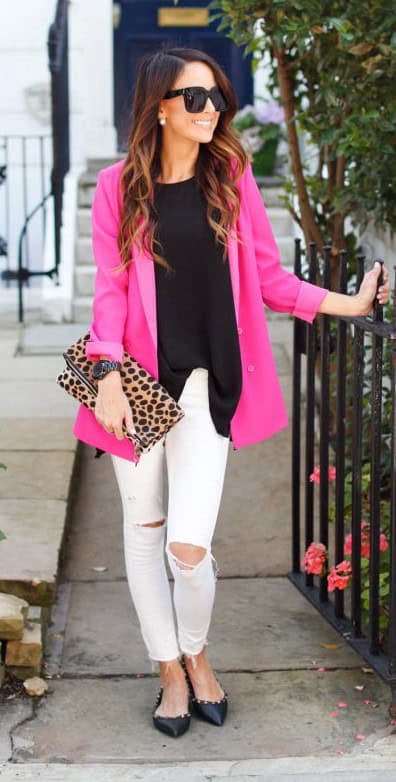 Outfit Ideas for Spring – Pink Blazer and White Jeans