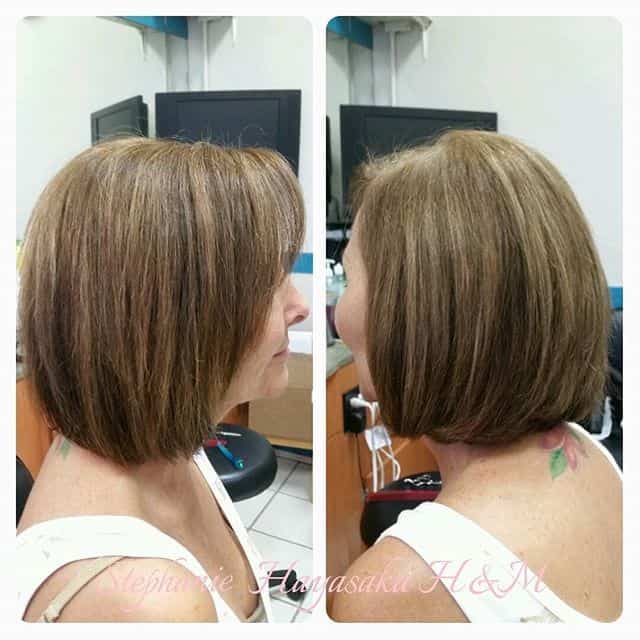 Brown short bob with long side-swept bangs