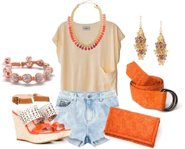 Cream T-shirt, jean shorts and orange accessories