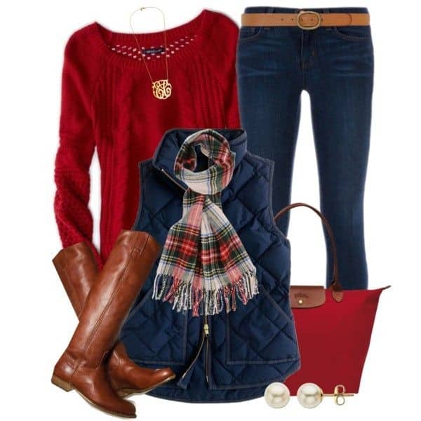 Red sweater, blue quilted vest and jeans