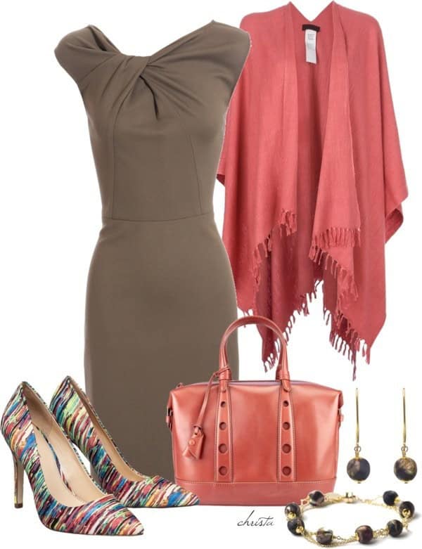 Dress with fringed throw and colorful pumps