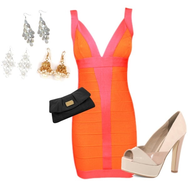 Orange and hot pink ribbed dress and nude heels