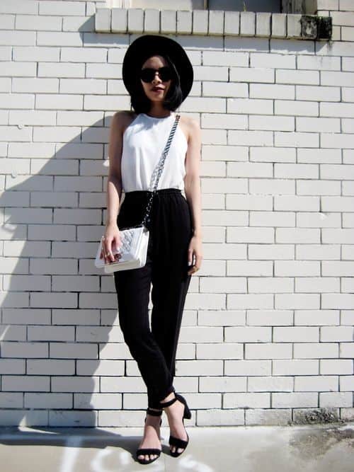 White top with a black flare skirt