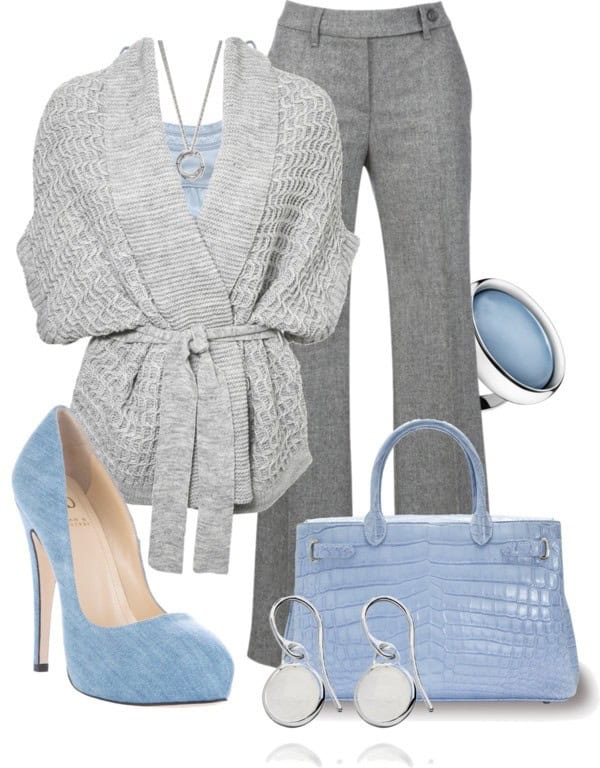 Grey cardigan with matching slacks and a baby blue tank