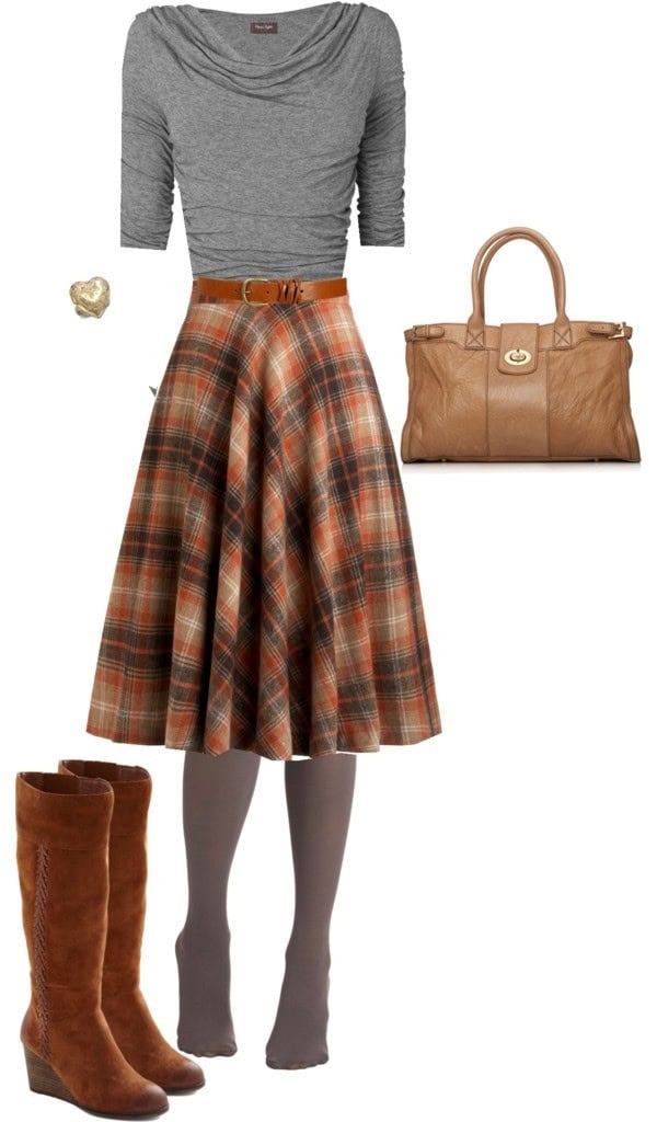 Solid shirt with plaid skirt and suede boots