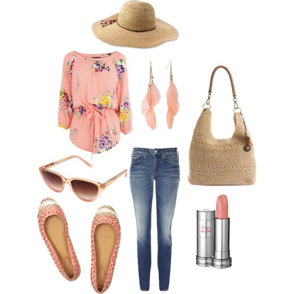 Floral blouse, jeans and straw hat and purse