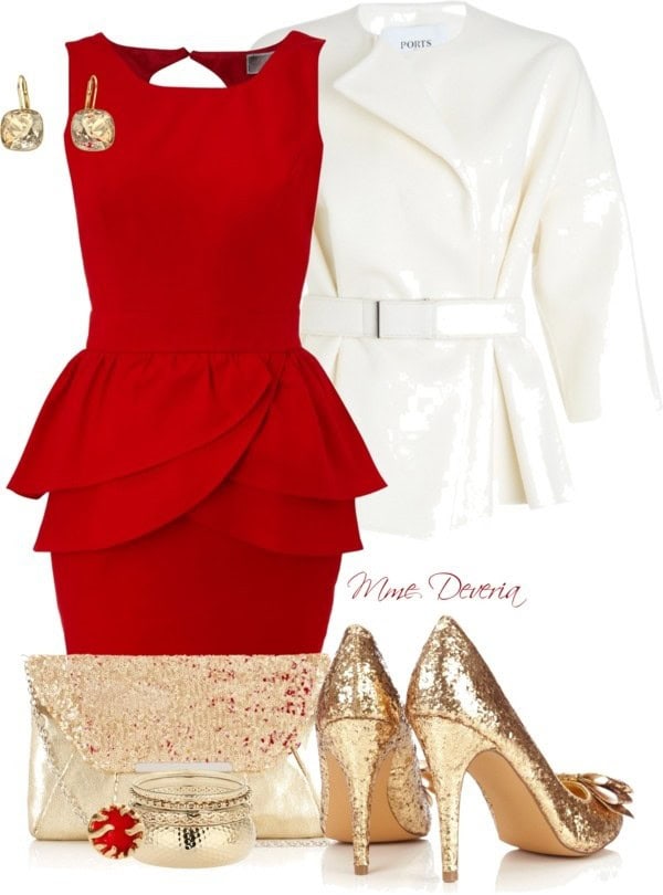 Red strapless peplum dress with white patent leather jacket