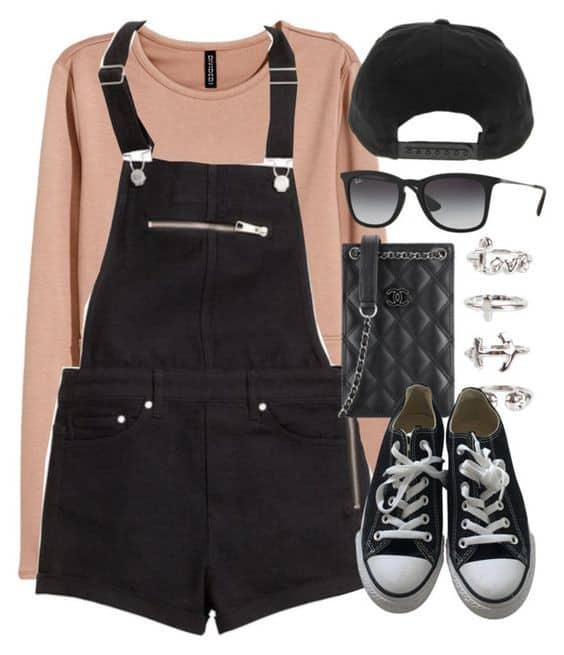 Nude Jumper and Black Dungarees