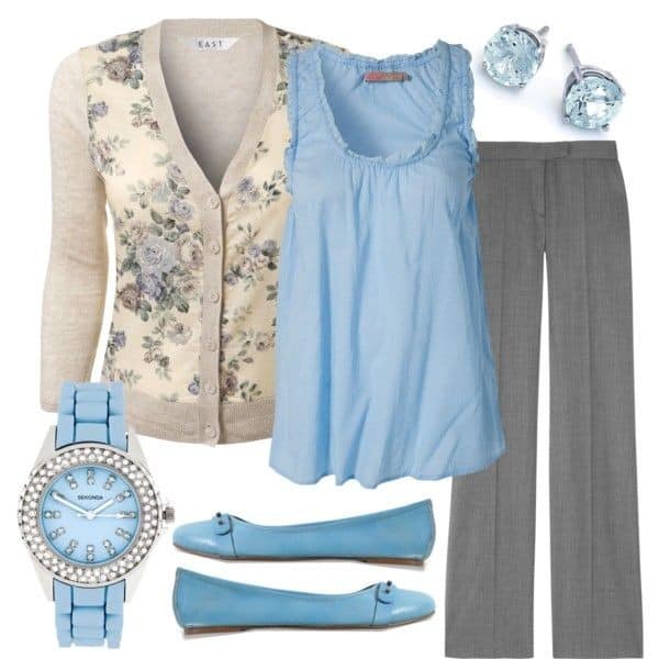 Floral cardigan, baby blue tank and grey pants