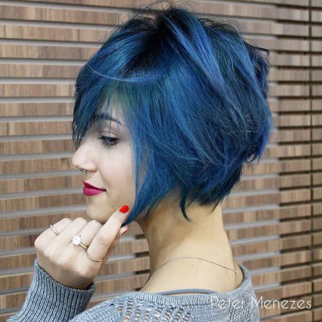 Deep blue A-line short messy bob