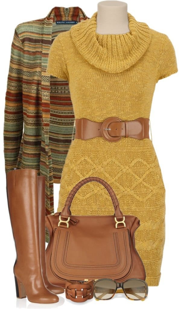 Colorful cardigan and fitted sweater dress