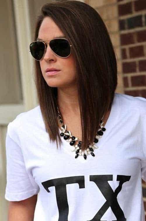 Dark brown asymmetrical lob hair style