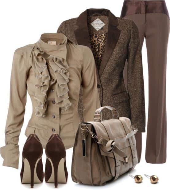 Brown blazer and slacks with tan long sleeve ruffled blouse