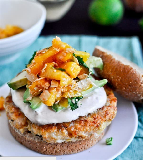 Shrimp Burgers with Chipotle Cream and Peach Salsa