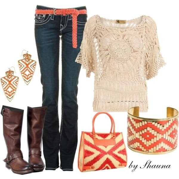 Crochet top, jeans and leather boots