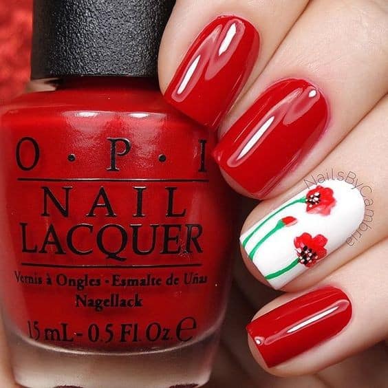 Stunning Red Floral Nail Art