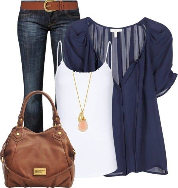 Navy sheer top, white tank and jeans