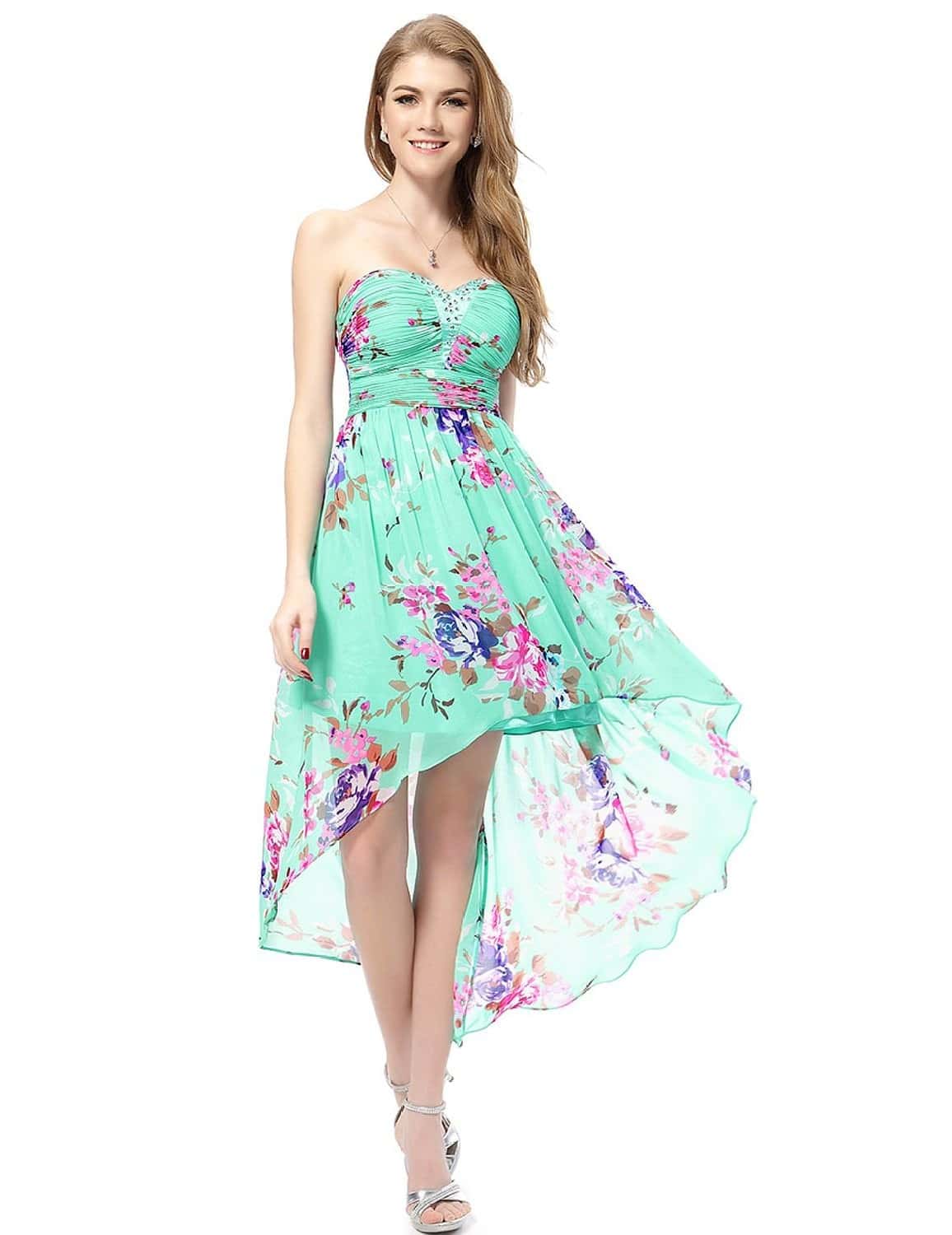 Ever Pretty Strapless Rhinestones Ruched Bust Hi-Lo Floral Summer Dress