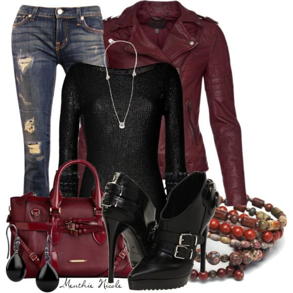 Marsala leather jacket, distressed jeans and black top