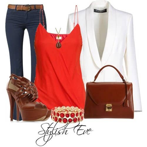 Red tank, white blazer, jeans and brown accessories