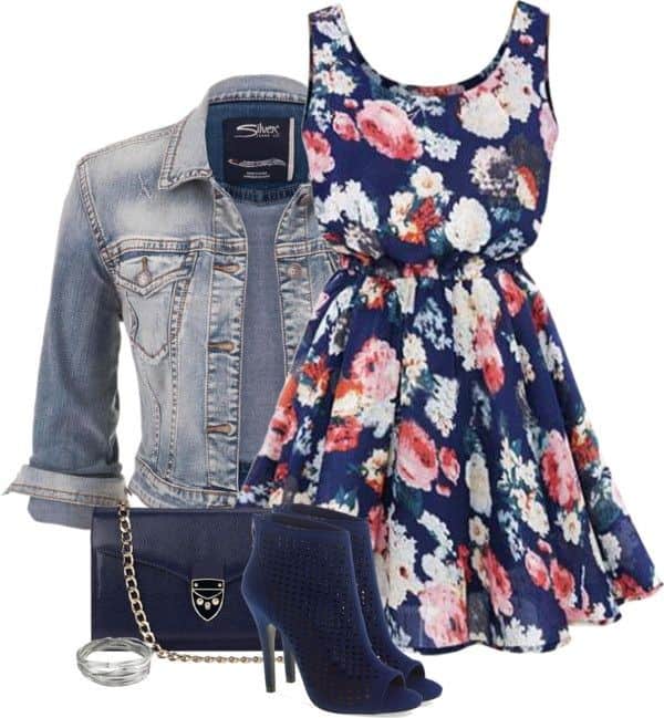 Floral sleeveless dress (with flare skirt) and distressed jean jacket